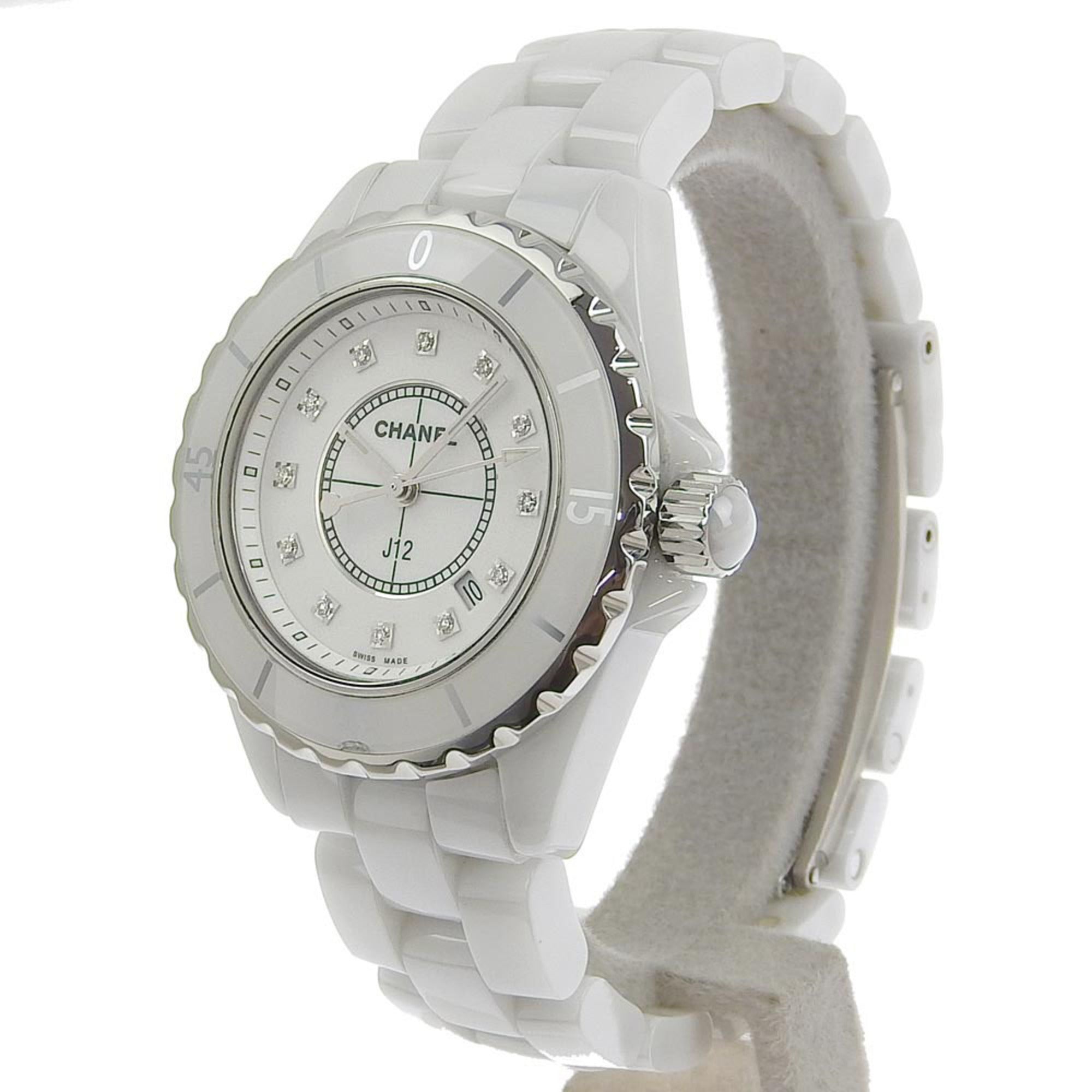Chanel J12 Watch 12P Diamond H1628 White Ceramic x Quartz Analog Display Ladies Dial