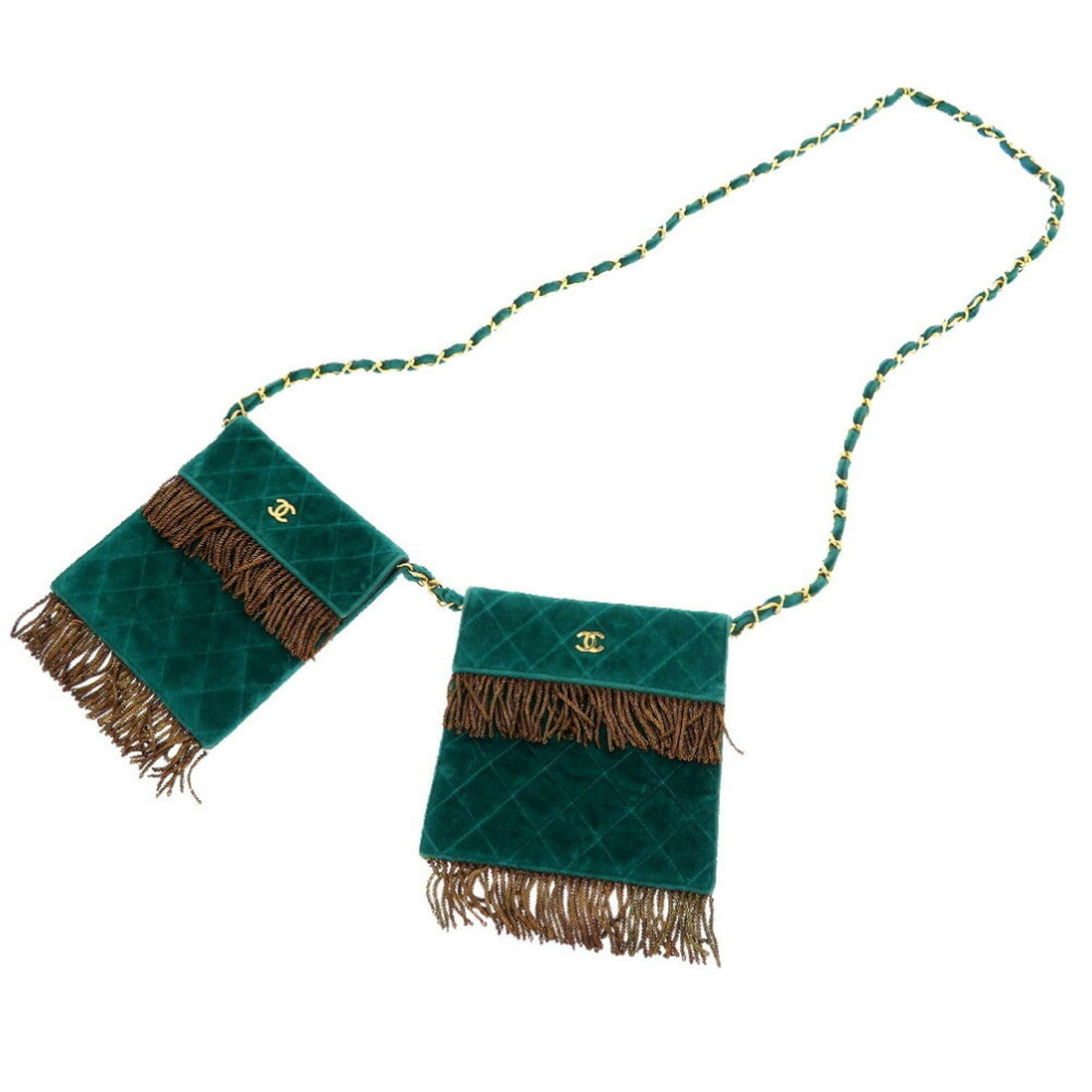 Chanel W Bag Velor Green Gold Chain Shoulder