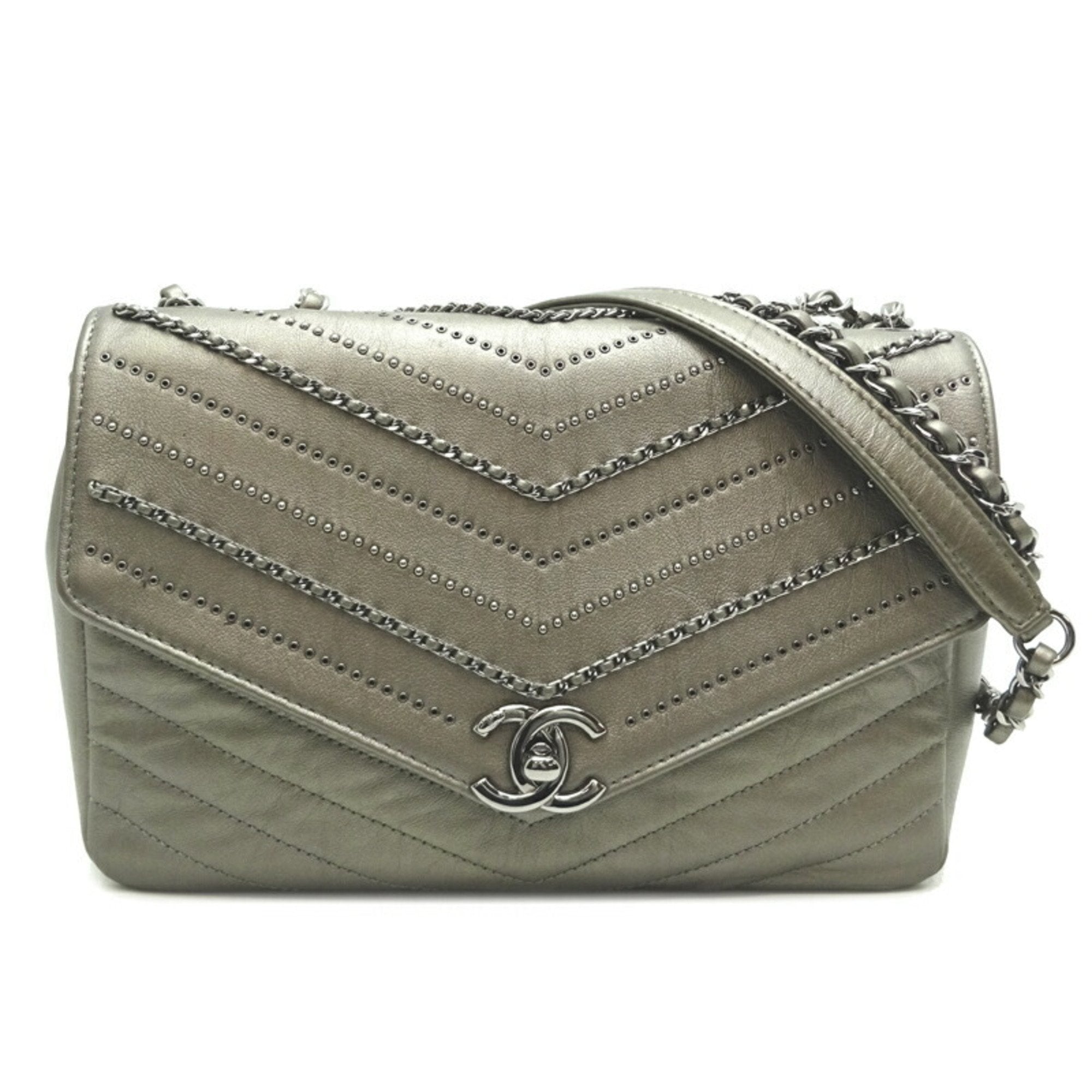 Chanel V-stitch chain shoulder 23 ladies bag leather grey