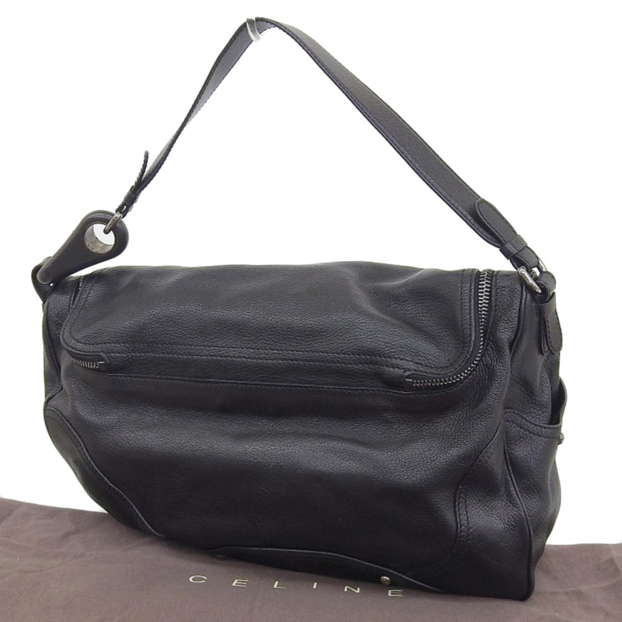 Celine one shoulder bag leather black silver metal fittings