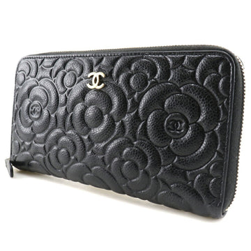 Chanel Camellia Emboss Cocomark A82281 Matte Caviar Skin Black Women's Long Wallet