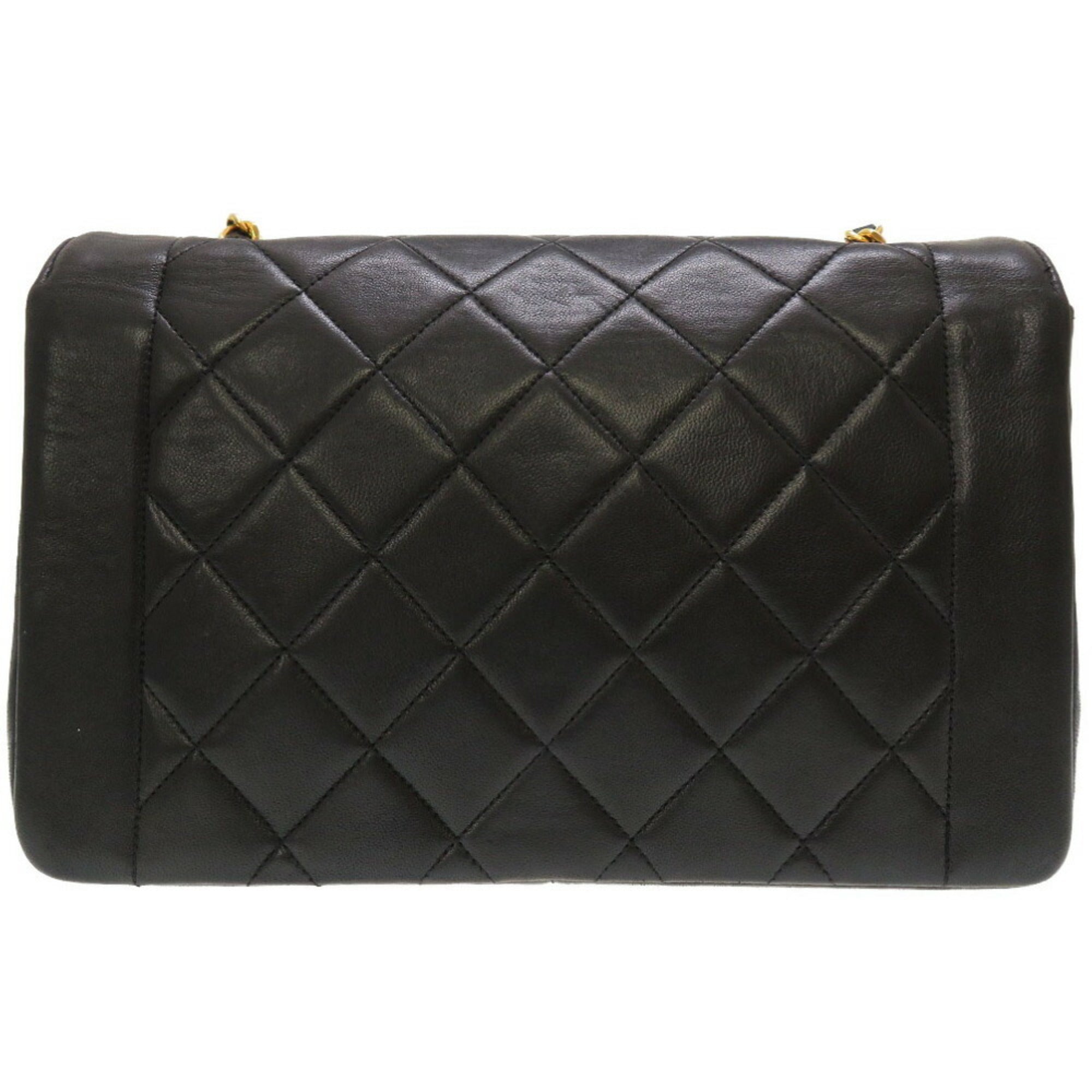 Chanel Diana Matelasse 25 Lambskin Black Gold Chain Shoulder Bag Coco Mark