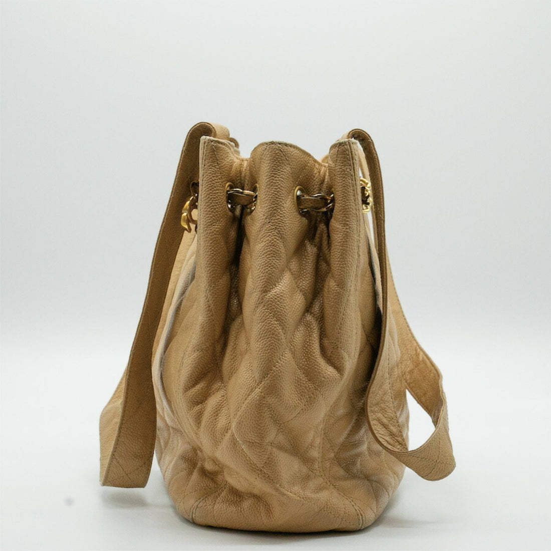 CHANEL Tote Bag Matelasse Coco Mark Chain Lock Leather Beige Gold Women's PD33