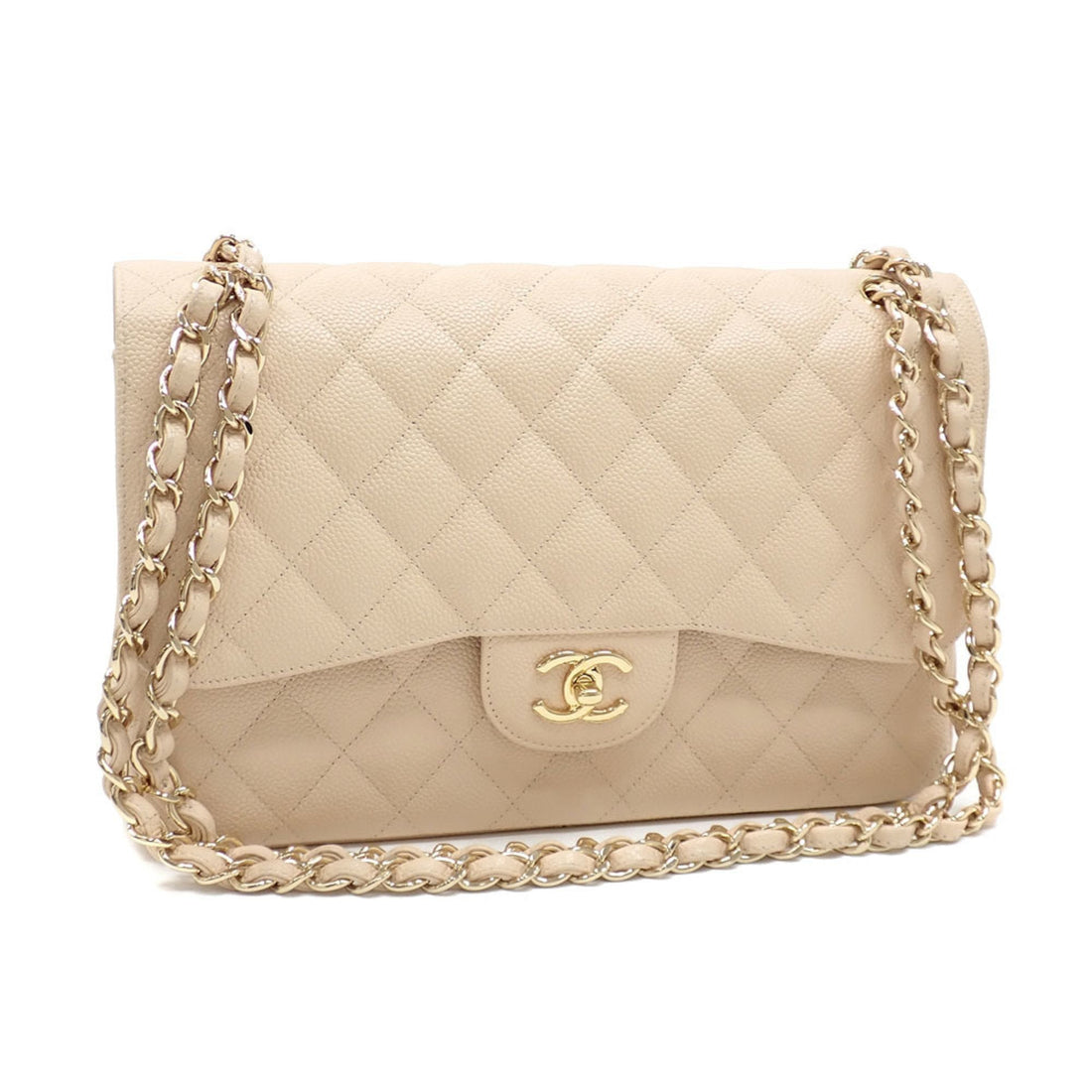 Chanel W flap chain shoulder bag Matelasse 30 Women's Beige Caviar Skin A58600 Coco Mark