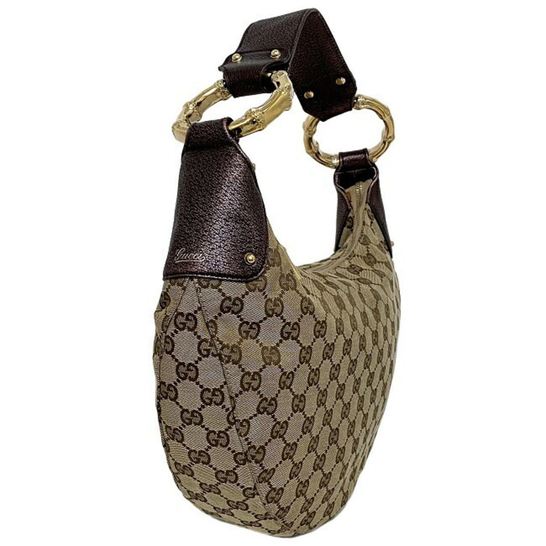 Gucci One Shoulder Bag Beige Purple Gold GG 131038 Bamboo Canvas Leather GUCCI Handbag Metallic Motif Dark