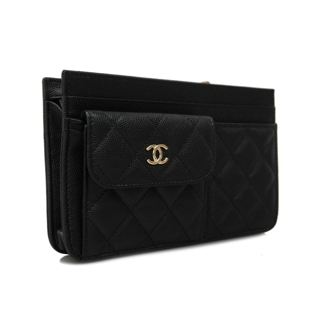 Chanel Shoulder Wallet Matelasse Chain Caviar Skin Black Champagne Women's