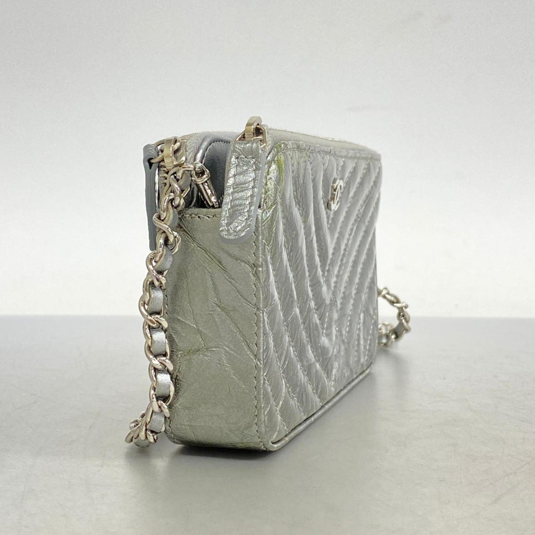 Chanel Shoulder Wallet V-Stitch Chain Coated Leather Grey Women's