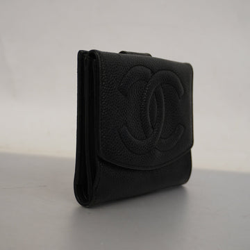 ChanelAuth  Gold Hardware Women's Caviar Leather Wallet [bi-fold] Black