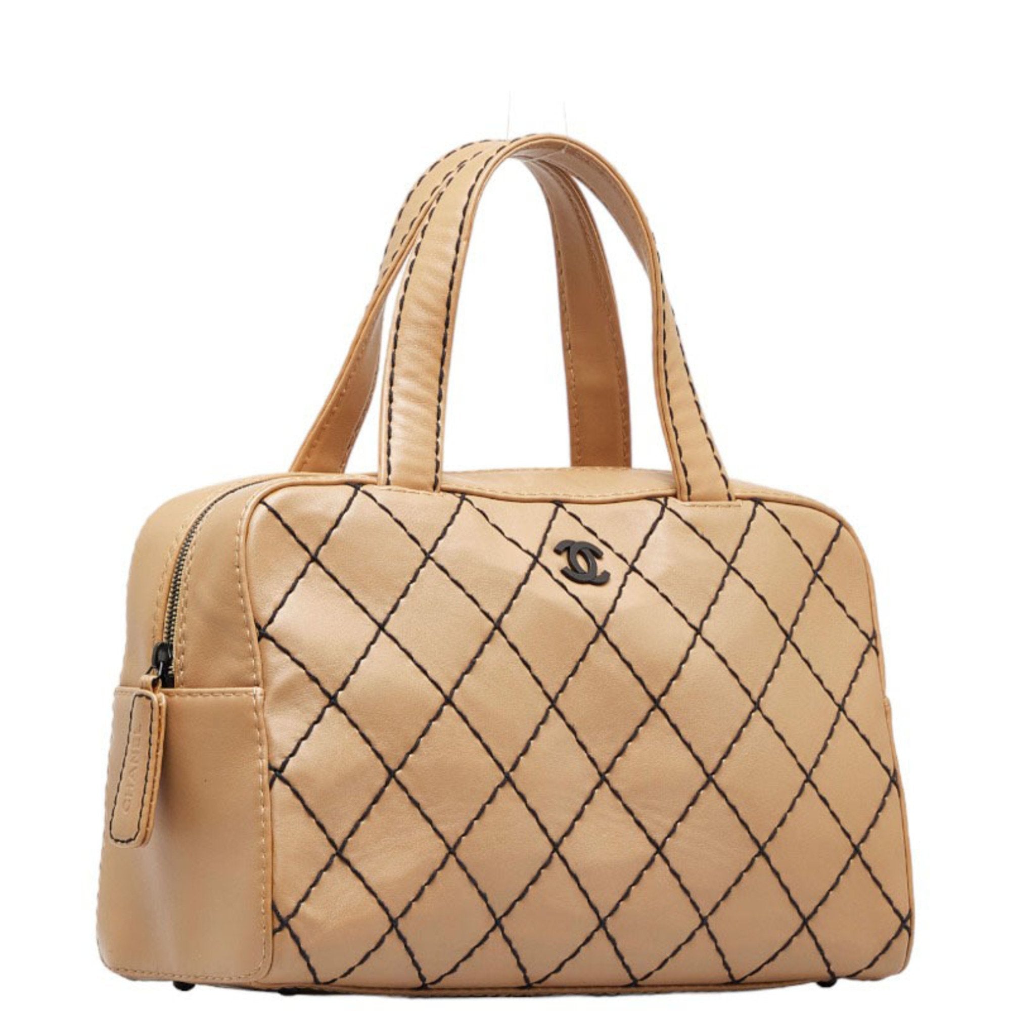 Chanel Wild Stitch Coco Mark HandBag Boston Bag Beige Black Leather Ladies
