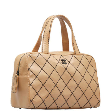 Chanel Wild Stitch Coco Mark HandBag Boston Bag Beige Black Leather Ladies