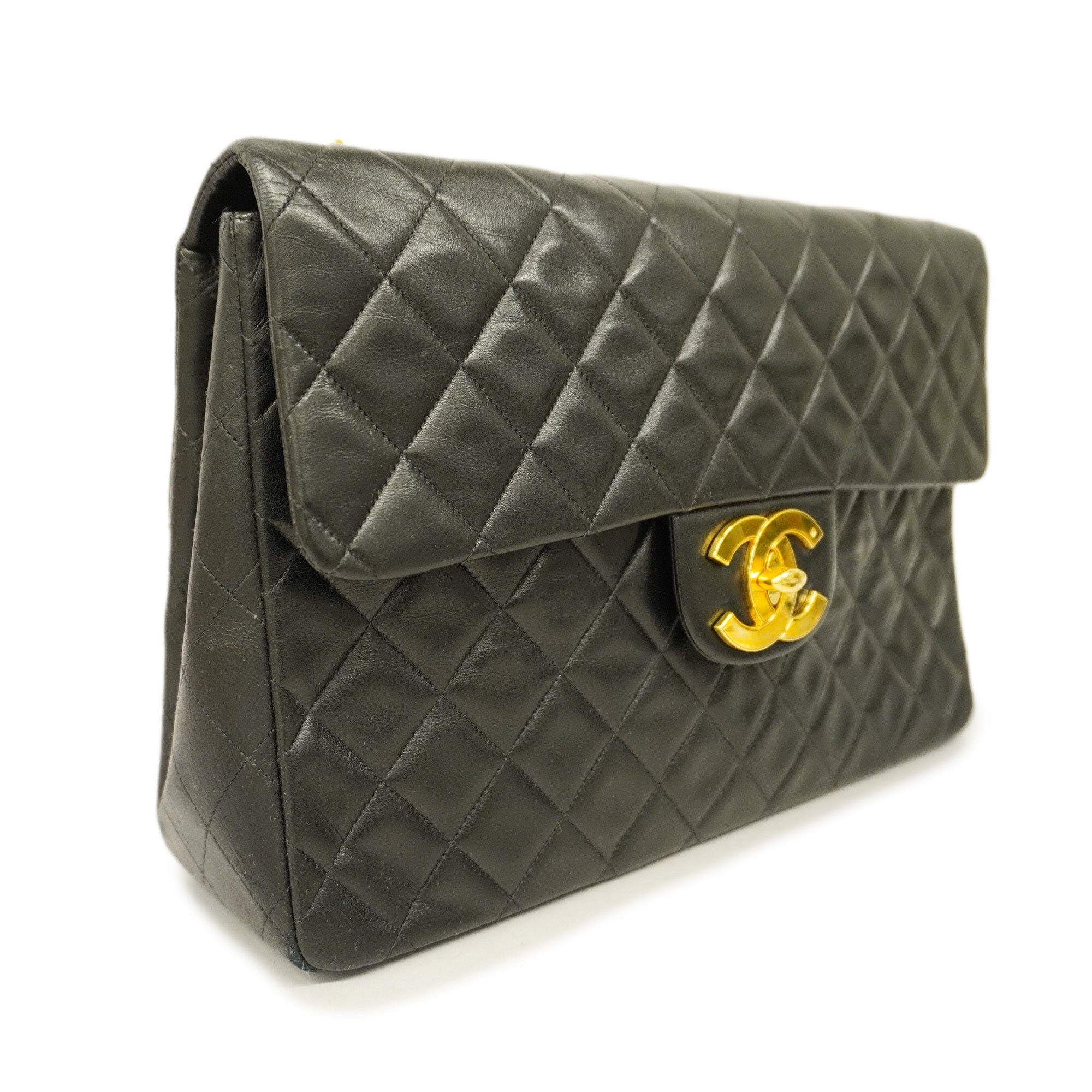 ChanelAuth  Big Matelasse W Chain Women's Leather Shoulder Bag Black