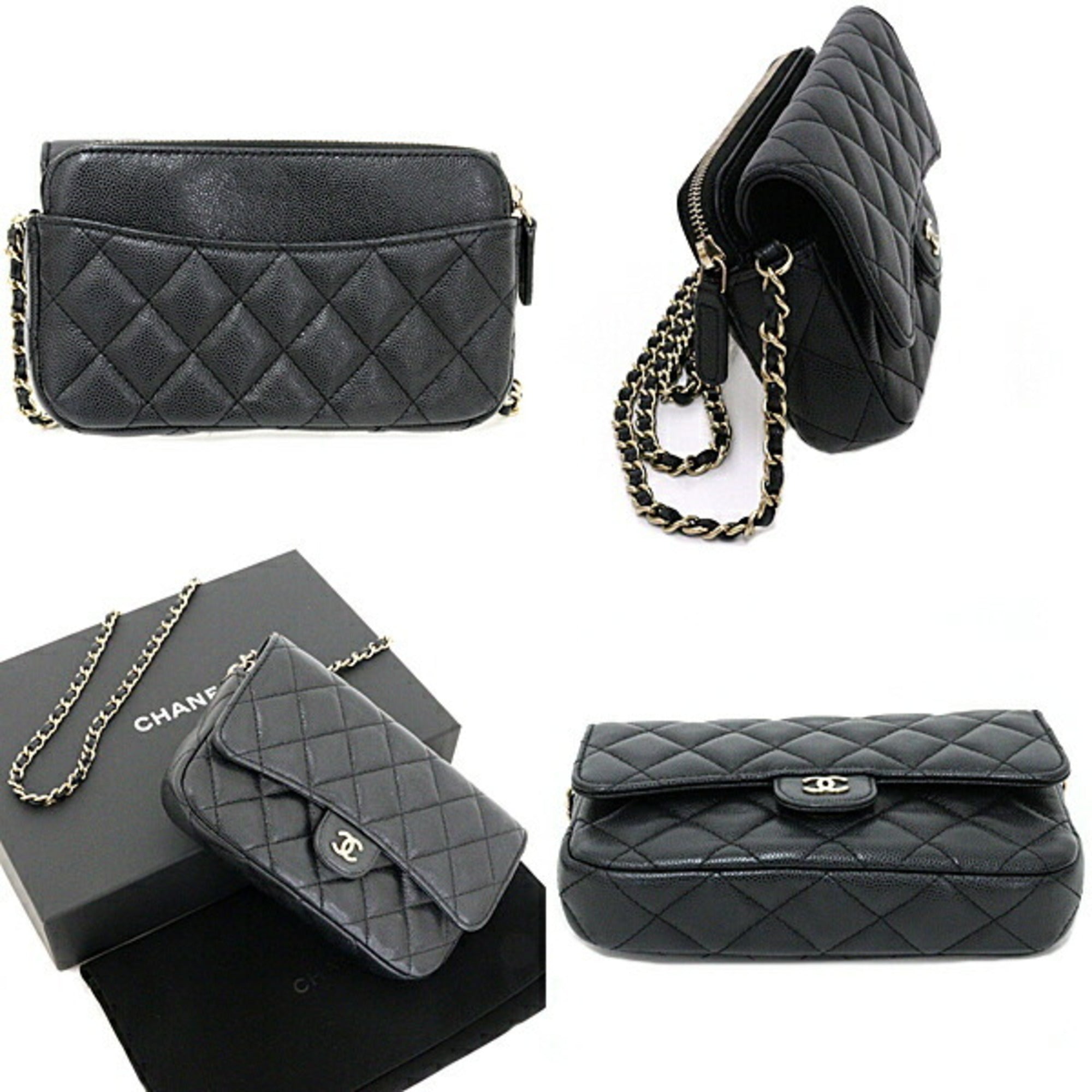 Chanel Flap Phone Case Chain Shoulder Bag Matelasse Caviar AP2096 Black