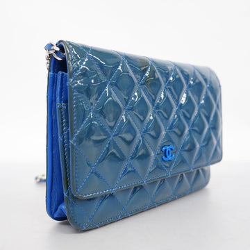 ChanelAuth  Matelasse Chain Shoulder Silver Metal Fittings Women's Wallet Blue