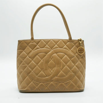 CHANEL Tote Bag Coco Mark Leather Beige Gold Women's A01804 PD32