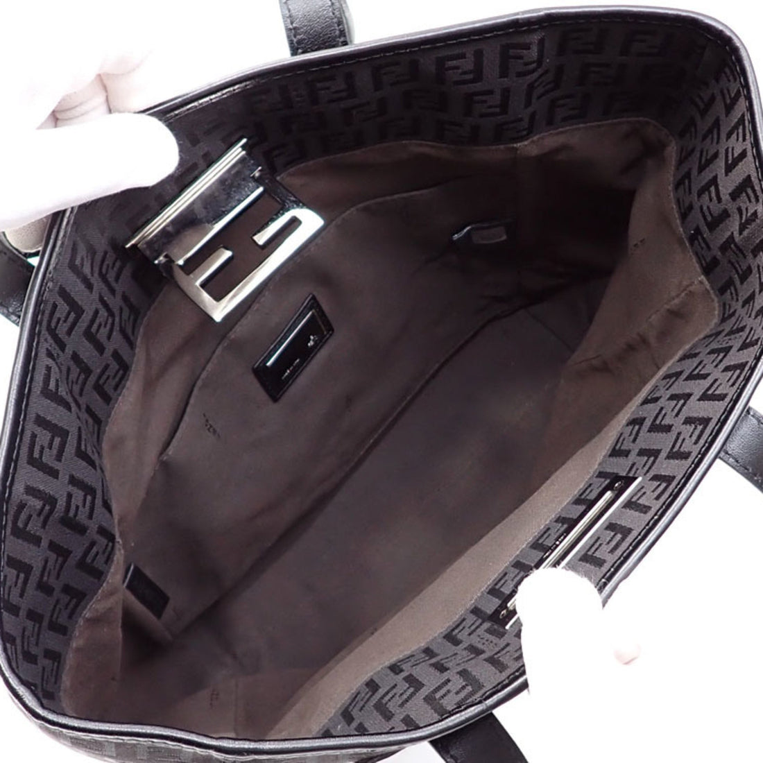 FENDI Tote Bag Zucchino Women's Black Brown Canvas Leather 8BH174 Hand