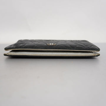 ChanelAuth  Camellia Bi-fold Long Wallet With Silver Metal Women's Lambskin