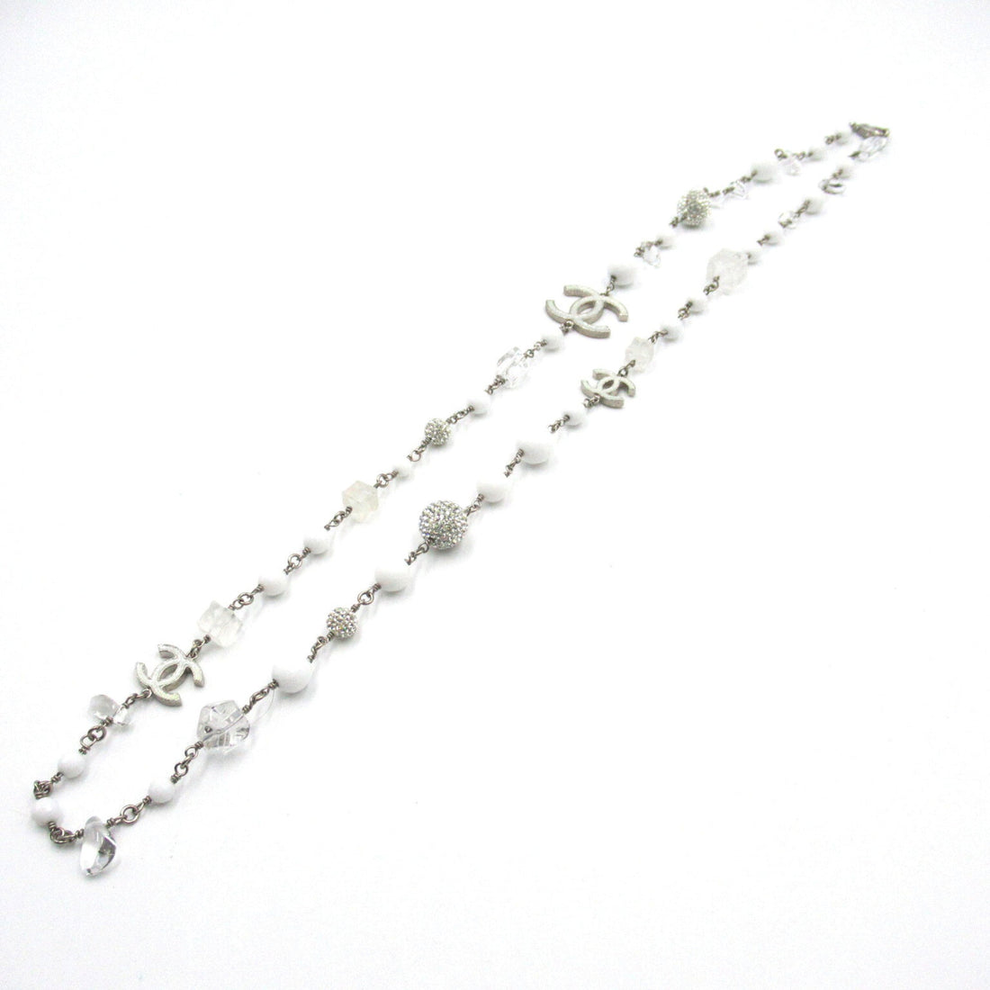 CHANEL B10A Long Necklace Necklace White Silver Plastic plating White Silver