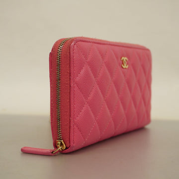 ChanelAuth  Matelasse Gold Hardware Women's Caviar Leather Long Wallet Pink