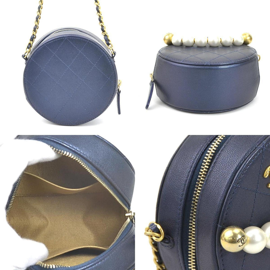 Chanel Crossbody Shoulder Bag Pochette Coco Mark Leather/Metal/Fake Pearl Navy/Gold/Off-White Women's