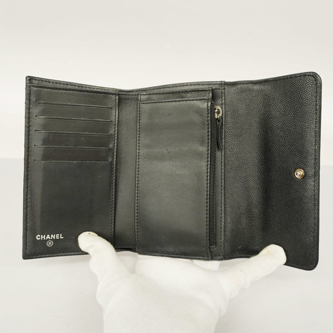 ChanelAuth  Boy  Tri-fold Wallet Silver Metal Fittings Women's Caviar