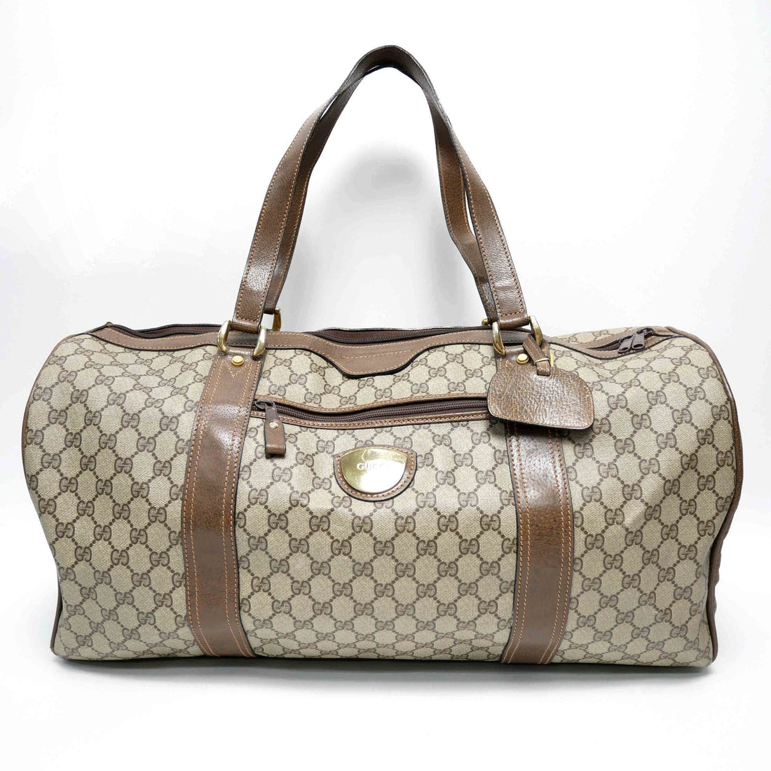 GUCCI Old Gucci Vintage Travel Bag Boston Unisex 1970's 70'S GG Pattern / Pigskin Gold Hardware Brown Beige