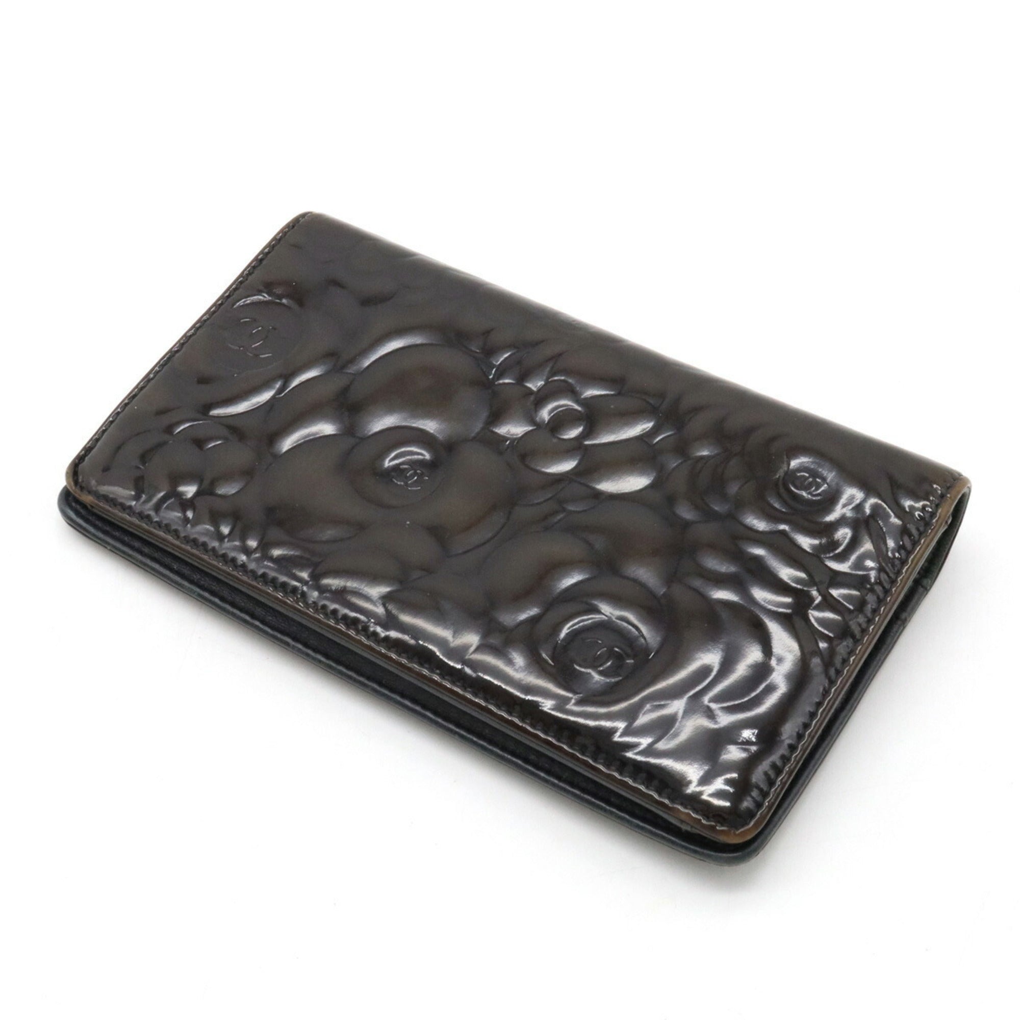 Chanel Camellia Motif Here Mark Bifold Patent Leather Enamel Black A36544