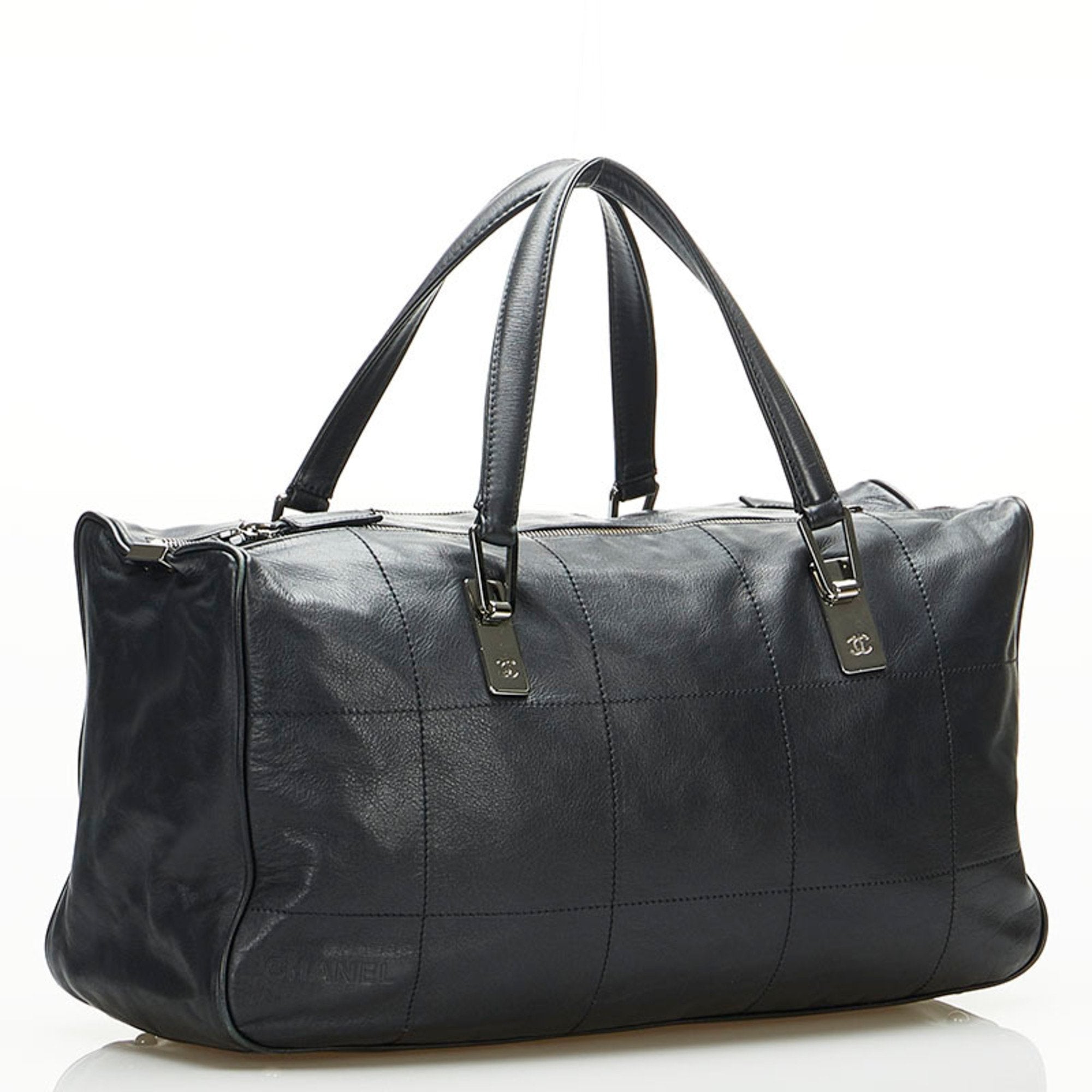 Chanel Chocolate Bar Coco Mark HandBag Boston Bag Black Leather Ladies