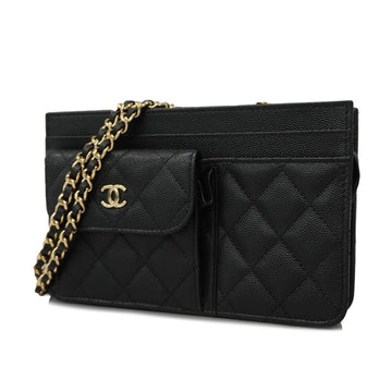 Chanel Shoulder Wallet Matelasse Chain Caviar Skin Black Champagne Women's