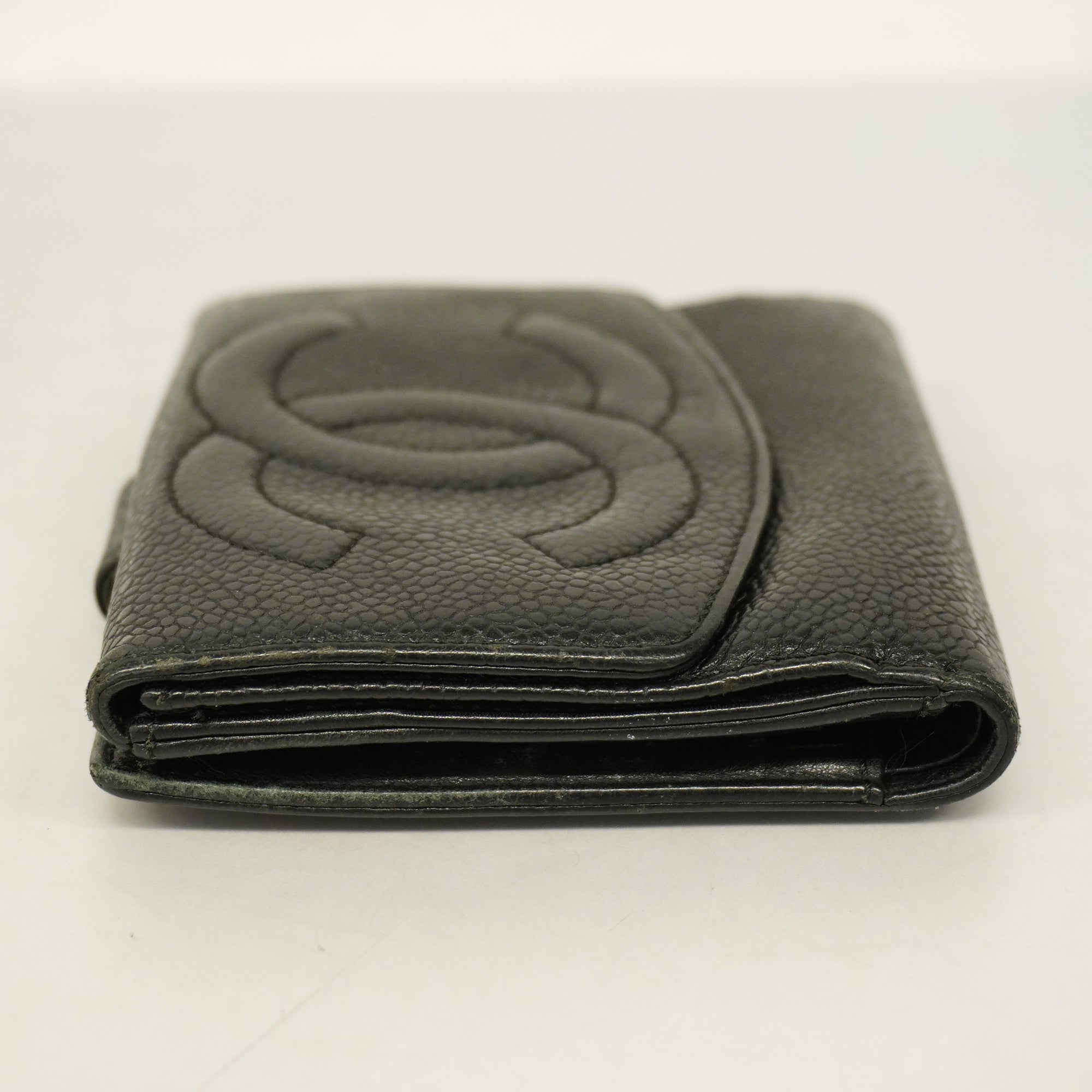 ChanelAuth  Gold Hardware Women's Caviar Leather Long Wallet [bi-fold] Black