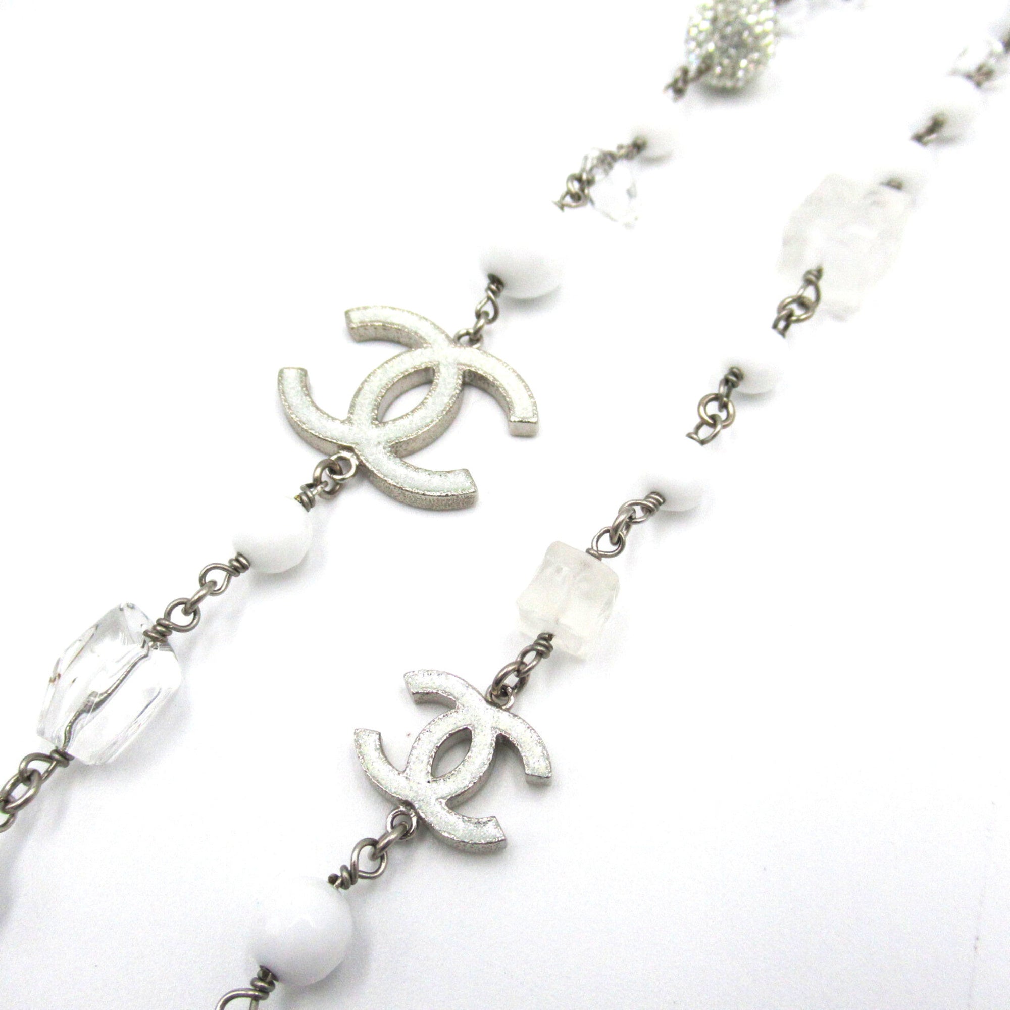 CHANEL B10A Long Necklace Necklace White Silver Plastic plating White Silver