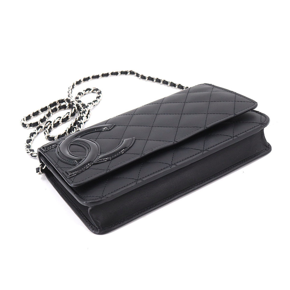 Chanel Cambon Line Chain Wallet Bifold Long Leather Enamel Black A46646