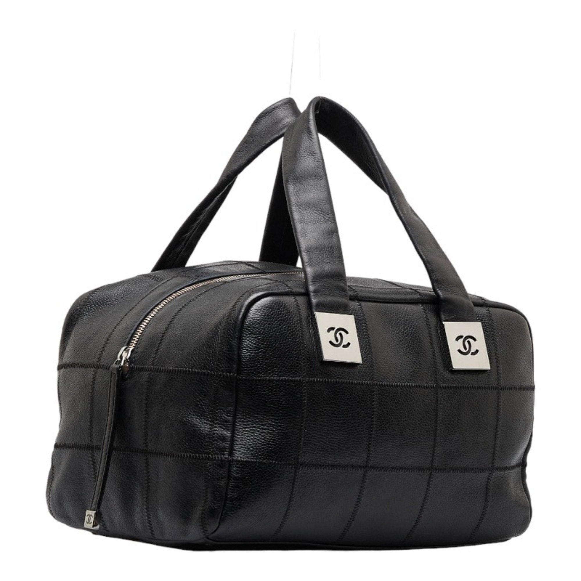 Chanel Chocolate Bar HandBag Boston Bag Black Caviar Skin Ladies