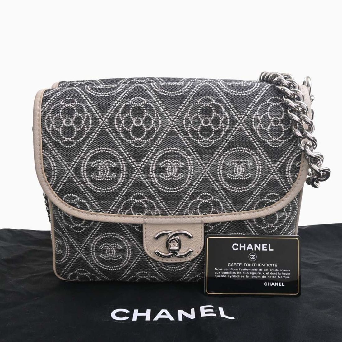 Chanel Canvas Camellia Coco Mark Chain Shoulder Bag Gray Ladies