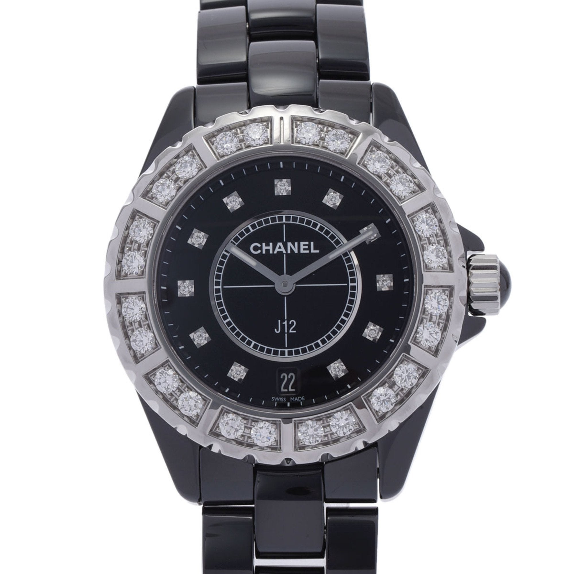 Chanel J12 38mm 11P Diamond Bezel H2428 Men's Black Ceramic SS Watch Quartz Dial