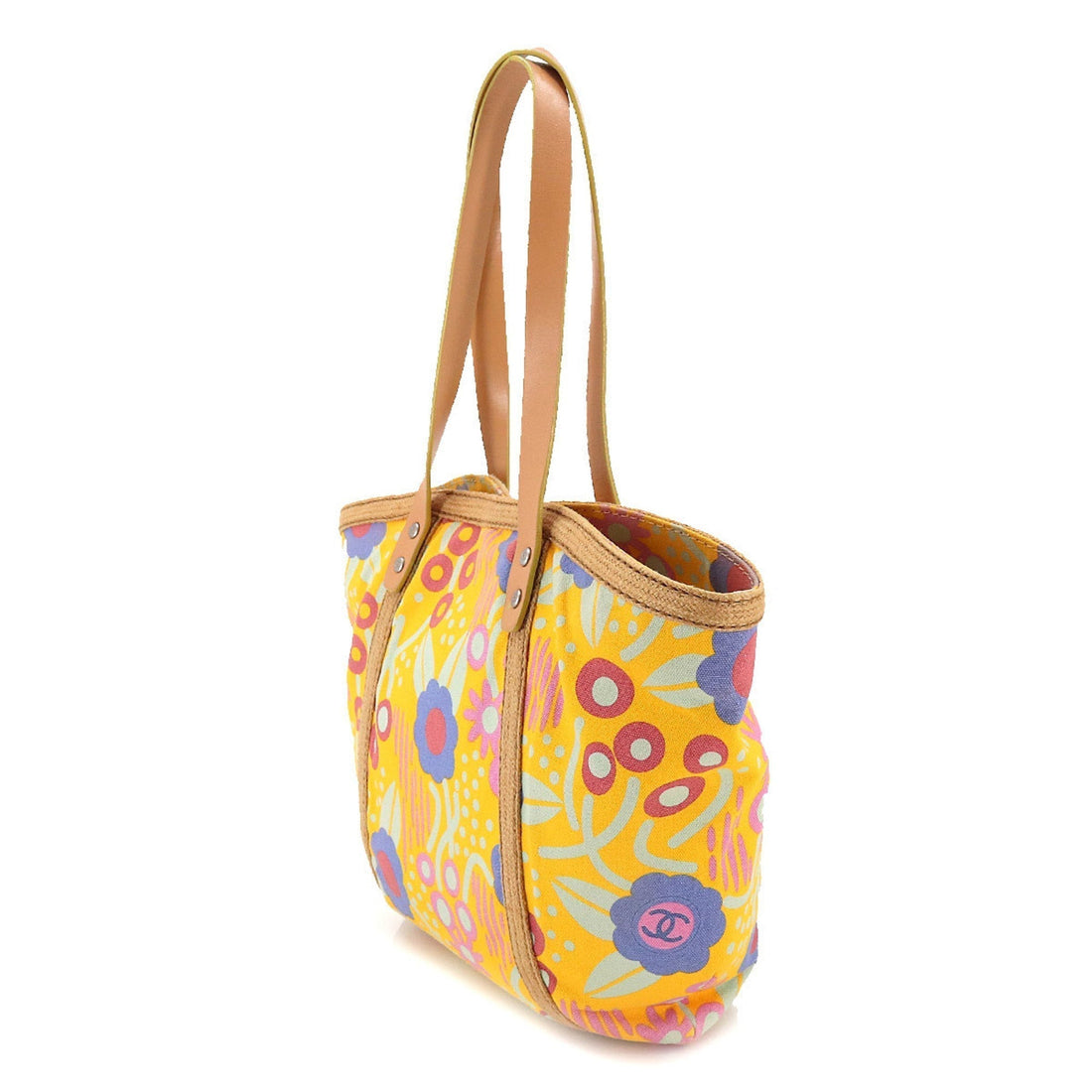 Chanel high summer flower print Tote Bag canvas leather yellow multicolor A22078 silver metal fittings Deauville MM