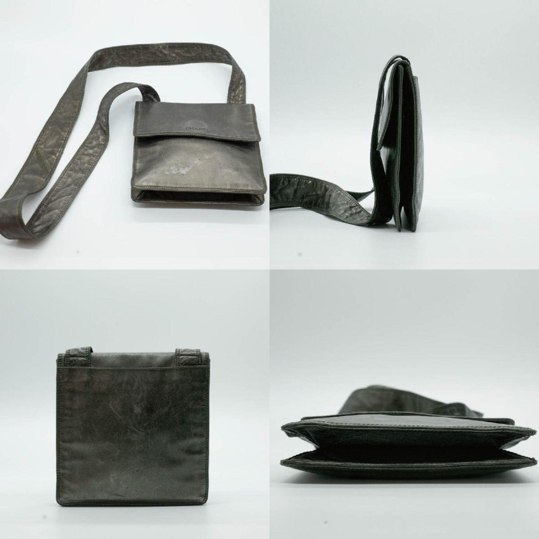 CHANEL Shoulder Bag Square Sacoche Lambskin Khaki Gold Men's Women's P16200 PD9