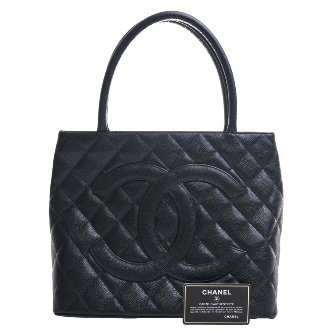 Chanel Caviar Skin Coco Mark Reprint Tote Bag Black Ladies