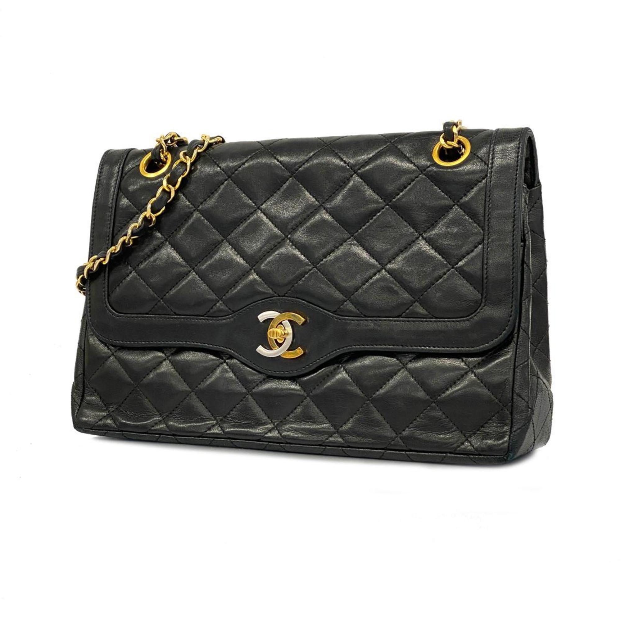 Chanel Shoulder Bag Matelasse Paris Limited W Flap Chain Lambskin Black Women's