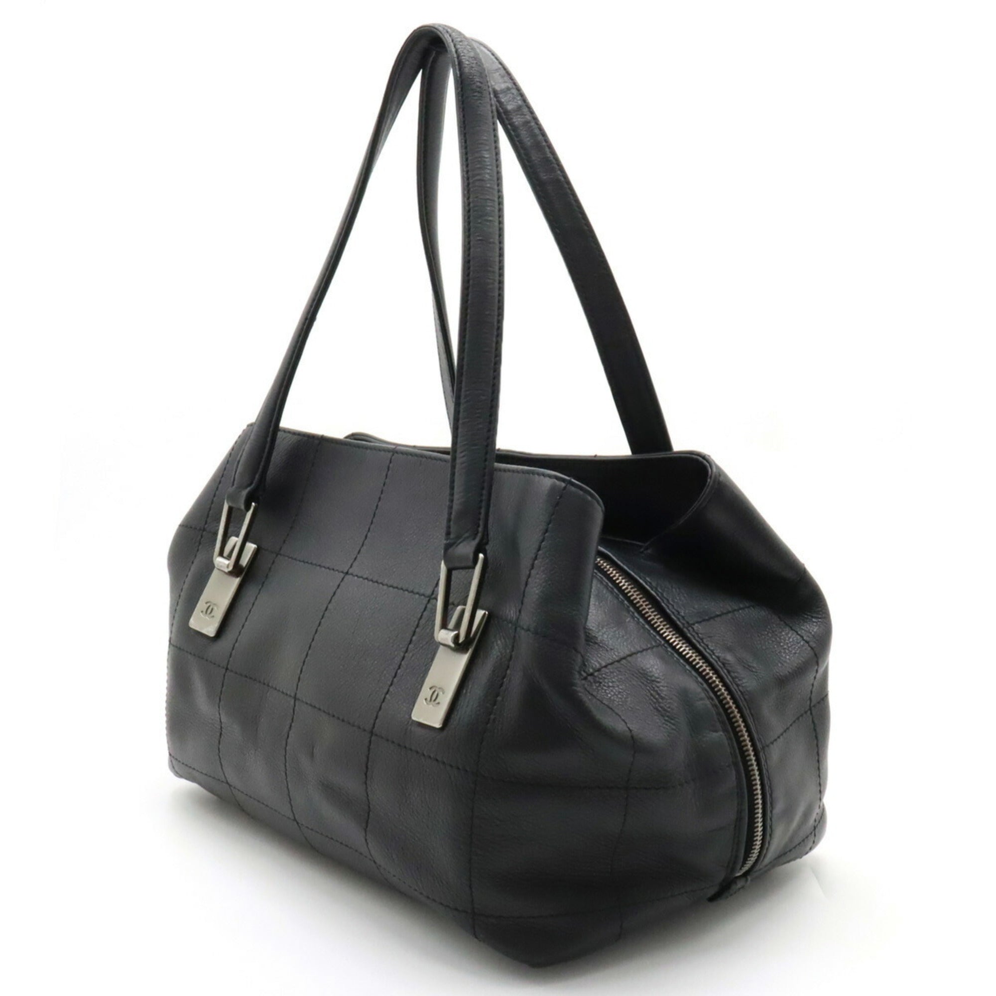 Chanel Chocolate Bar Coco Mark Boston Tote Bag Leather Black