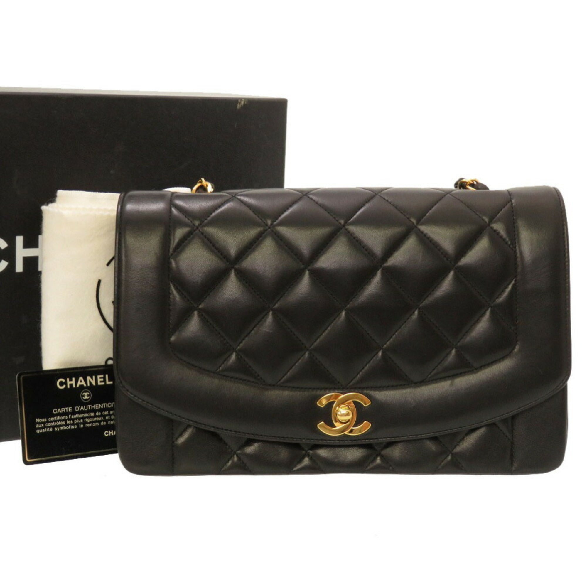 Chanel Diana 25 Medium Matelasse Lambskin Black Gold Chain Shoulder Bag Cocomark Turnlock