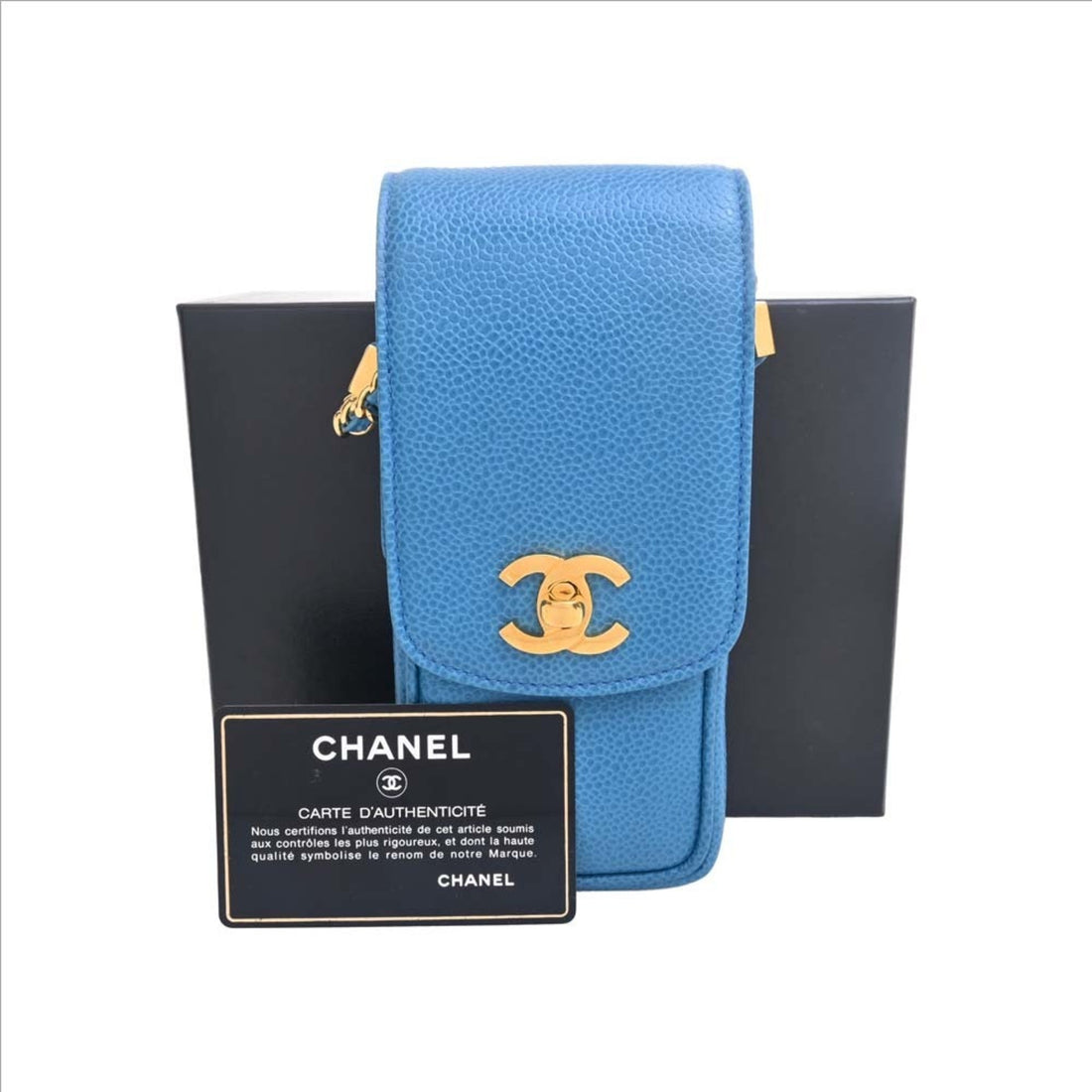 Chanel Leather Coco Mark Chain Phone Case Shoulder Bag Blue Ladies