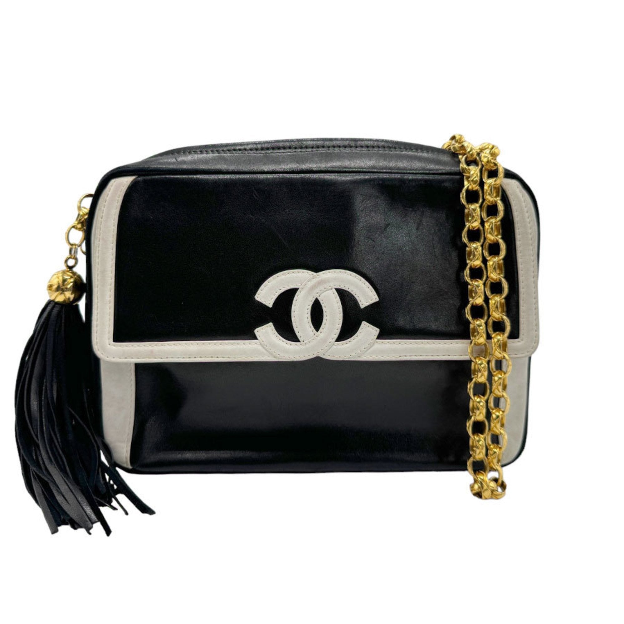 CHANEL Shoulder Bag Coco Mark Leather Metal Black White Gold Women's z1862