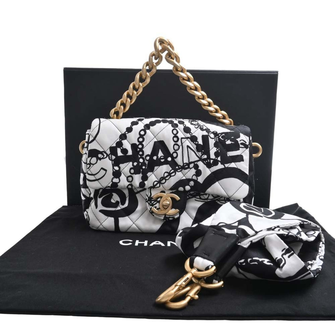 Chanel Canvas Coco Mark Chain HandBag Black White Ladies