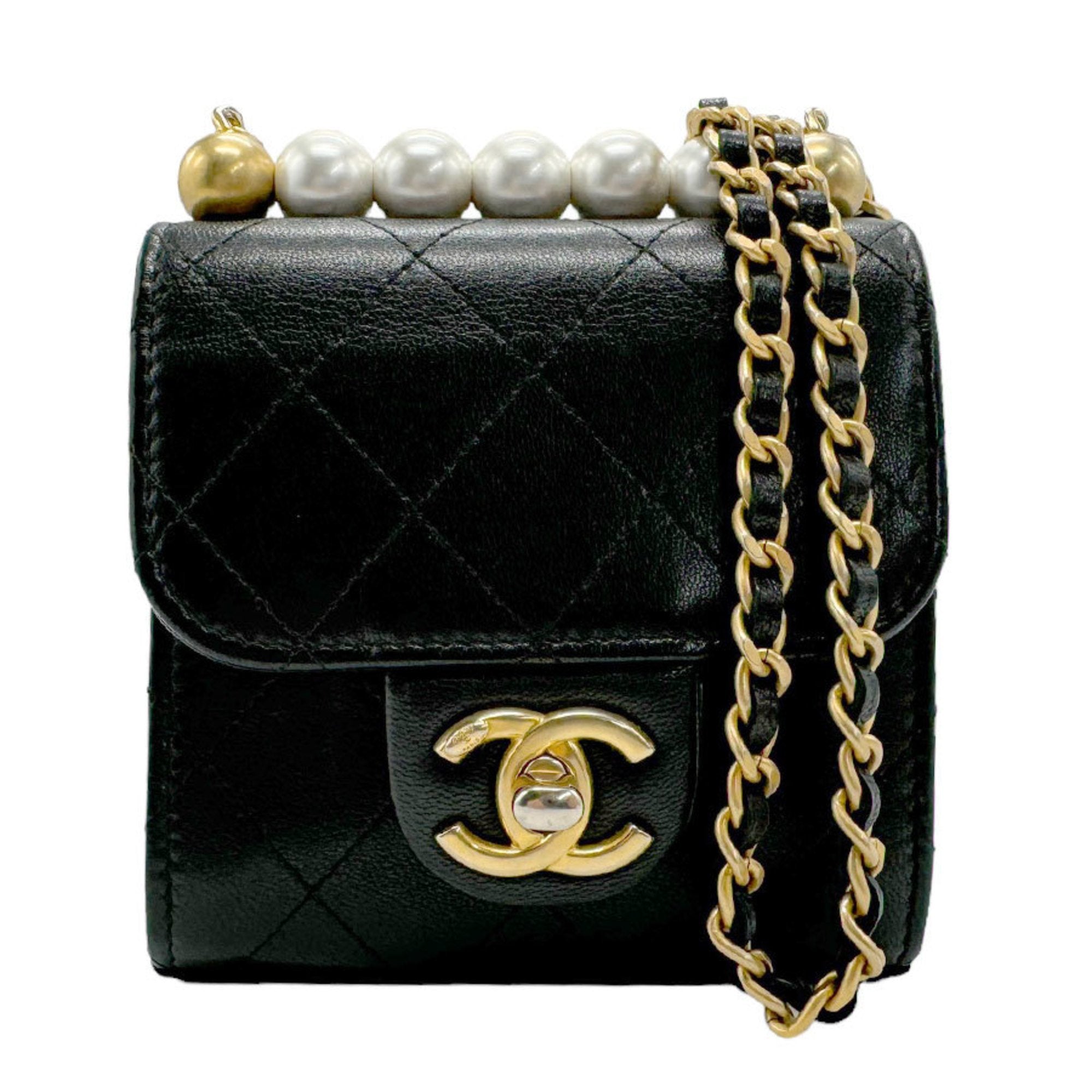 CHANEL Shoulder Bag Leather Faux Pearl Black Women's n0046