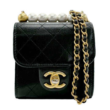 CHANEL Shoulder Bag Leather Faux Pearl Black Women's n0046
