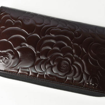 Chanel long wallet round camellia A50085 dark brown silver