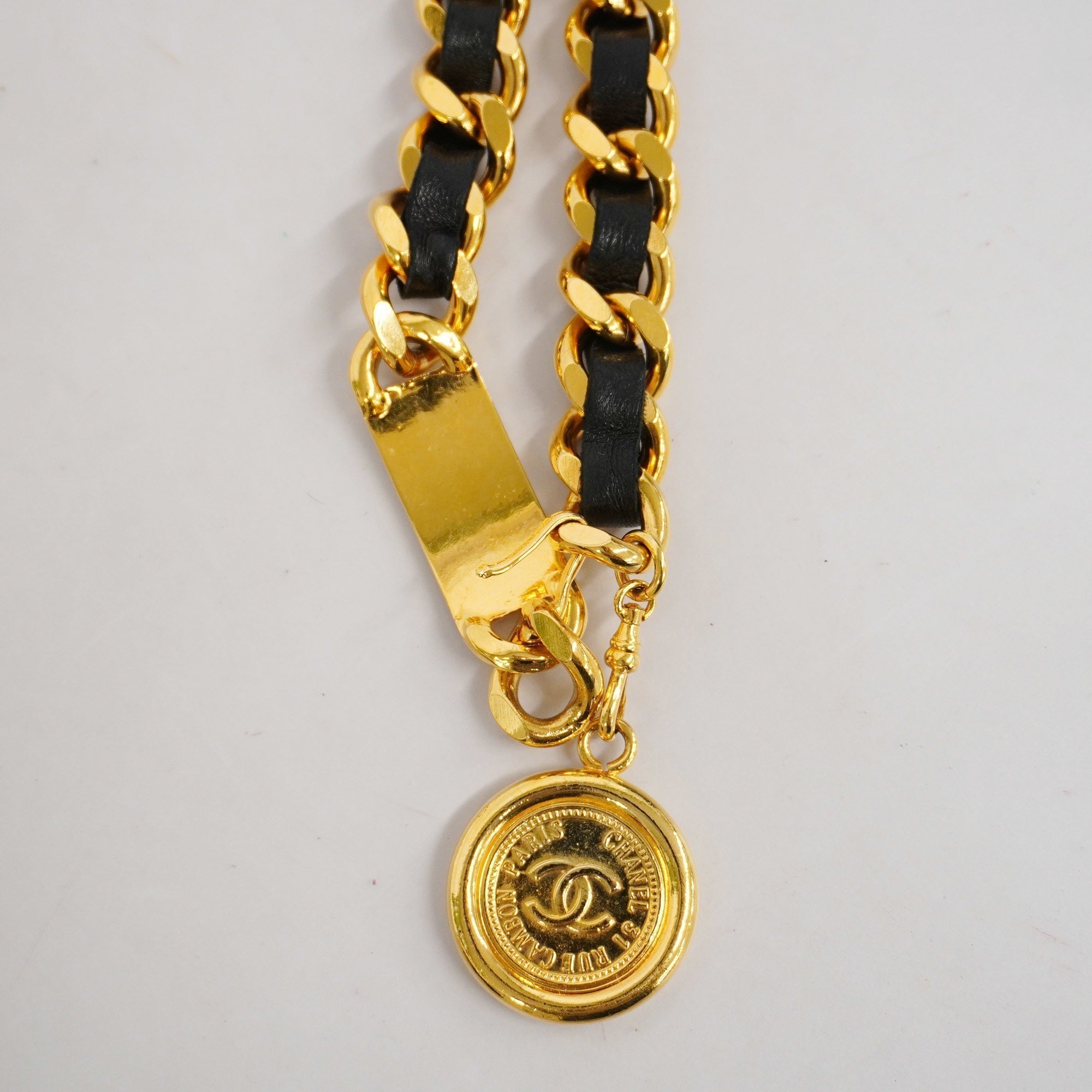 ChanelAuth  Belt Gold Metal Women's Leather Chain Belt Black