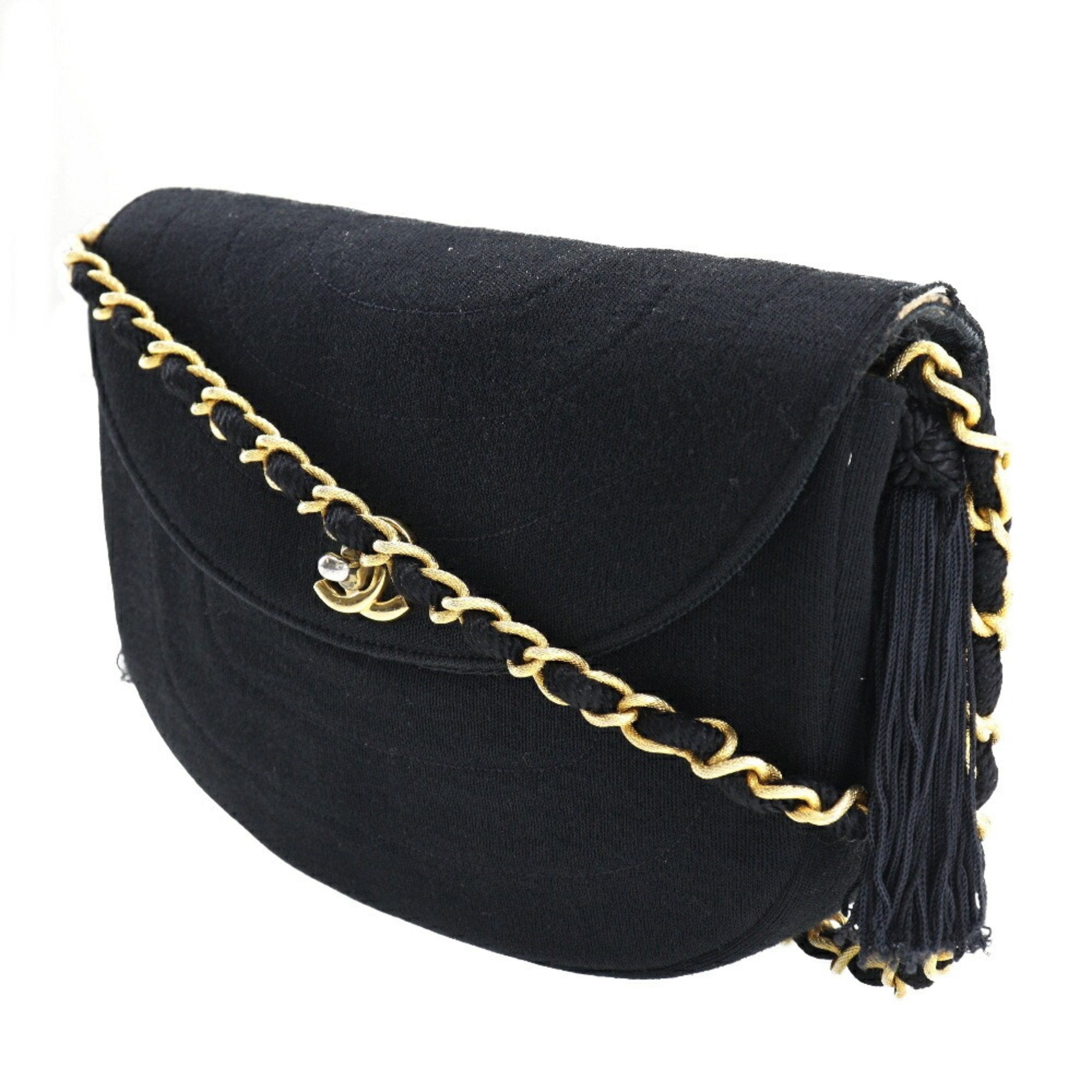 Chanel Chain Shoulder Bag Coco Mark Tassel Vintage Cotton France Black/Gold Hardware Crossbody Turn Lock ChainShoulder Women's