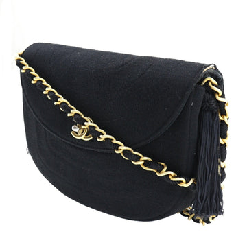 Chanel Chain Shoulder Bag Coco Mark Tassel Vintage Cotton France Black/Gold Hardware Crossbody Turn Lock ChainShoulder Women's
