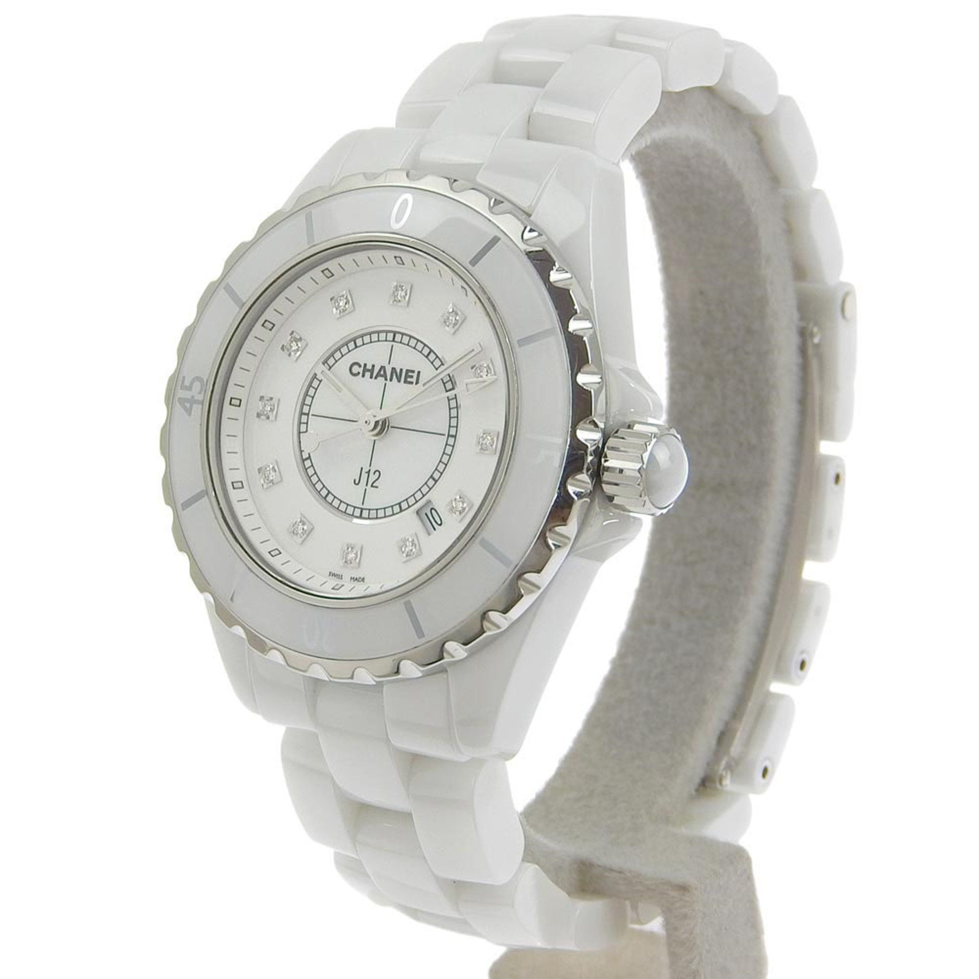 Chanel J12 watch 12P diamond H1628 white ceramic quartz analog display ladies dial